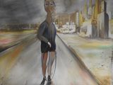 un tableau représentant un homme marchant dans la rue avec une canne