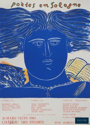 une affiche bleue sur laquelle figure une femme aux cheveux longs