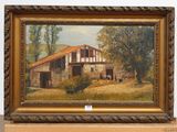 an oil painting of a barn in a field with cows in the foreground