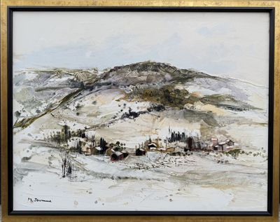 une peinture à l'huile représentant un paysage enneigé avec une montagne en arrière-plan