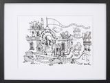 dessin représentant un bateau dans un port, avec des personnes à bord