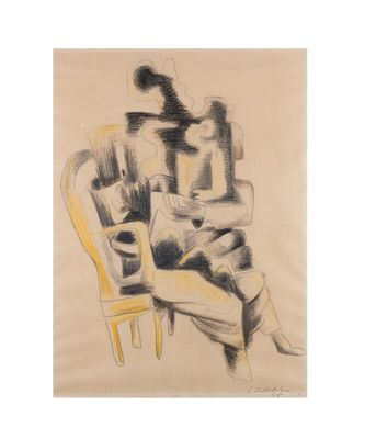 drawing of a woman sitting in a chair with a cat on her lap