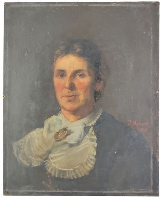 un vieux tableau représentant une femme en robe bleue avec un col à volants blancs