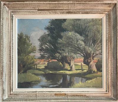 an image of a painting of a river and trees in a frame