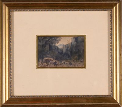 an image of a painting of a mountain scene in a gold frame