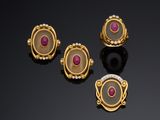 a group of five gold and ruby rings and earrings