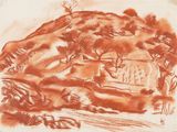 une image représentant un dessin d'une montagne avec des arbres