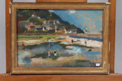a painting of a beach scene with people in the water
