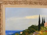 an oil painting of a house on a hill overlooking the ocean