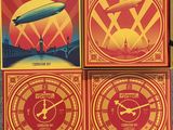 three boxes with a clock and an image of a dirp flying over a city