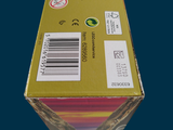 a box with a label on it sitting on a blue surface