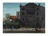 a painting of a building on the corner of a street
