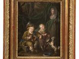 a painting of two children and a dog in a wooded setting