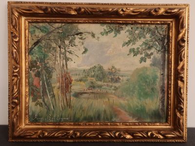 an oil painting of a giraffe in a field with trees in the background