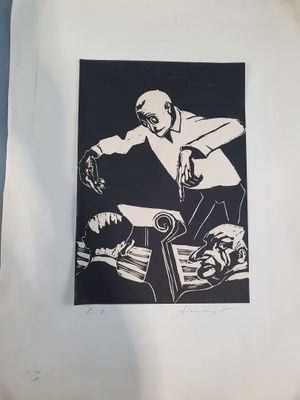une image représentant un dessin en noir et blanc d'un homme en costume
