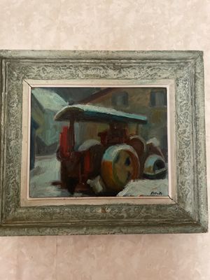 une photo d'un tableau représentant un vieux camion dans la neige