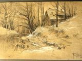 dessin représentant une maison dans un paysage enneigé, avec des arbres en arrière-plan