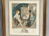 une gravure ancienne représentant une femme et deux enfants assis sur une chaise