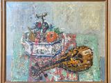 a painting of a guitar and a bowl of fruit