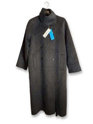 the coat is black and has a blue tag on it