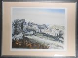 framed watercolor painting of a landscape with a village in the distance