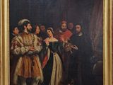 tableau représentant un groupe d'hommes et de femmes vêtus de costumes d'époque