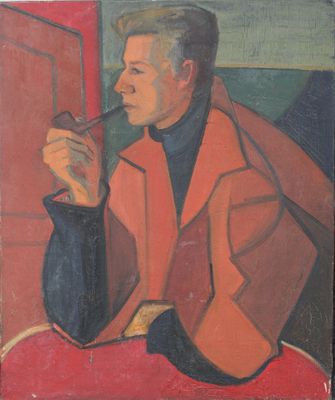painting of a man in a red coat smoking a pipe