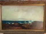 an oil painting of a beach scene with waves crashing on the rocks