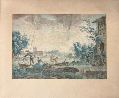 painting of a river scene with a man on a boat in the foreground and a man on a boat in the foreground