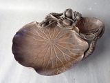 a silver plate with a frog sitting on top of a leaf