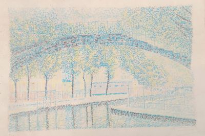 drawing of a bridge over a body of water with trees in the background