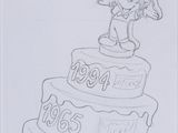 cartoon drawing of a birthday cake with an angel on top