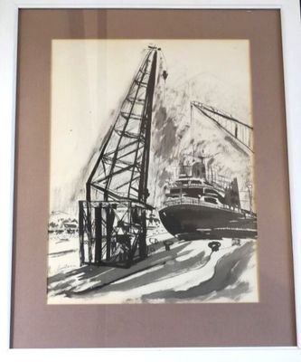 tableau représentant un bateau soulevé par une grue dans un port