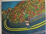 painting of a man riding a skateboard down a winding road