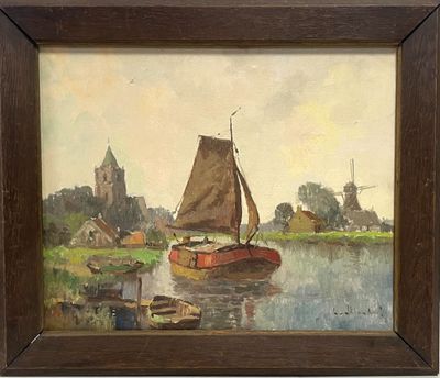tableau représentant un voilier sur une rivière, avec une église en arrière-plan