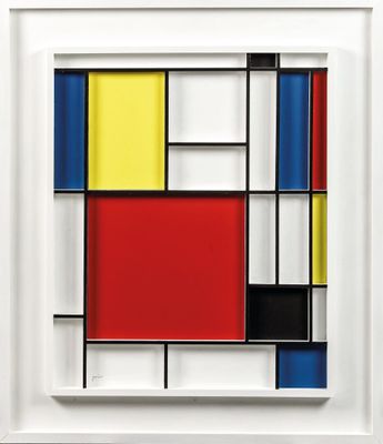 a white frame with a red, yellow, blue and black painting on it