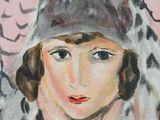painting of a woman in a fur hat with her hands on her face