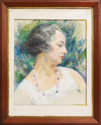 une peinture à l'huile représentant une femme en robe blanche portant un collier