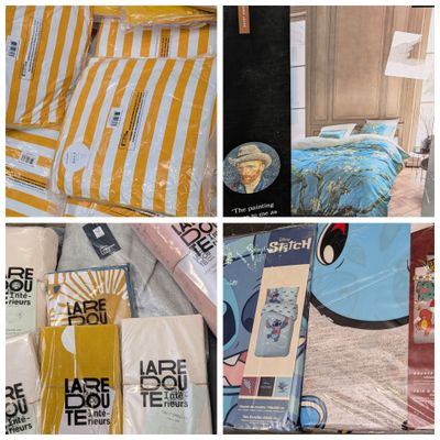many different pictures of a bed with yellow and white sheets