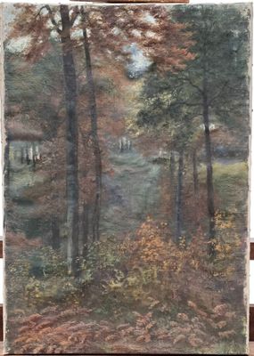 an oil painting of a wooded scene with trees and a stream