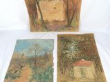 trois tableaux représentant des arbres et une maison sur fond blanc