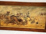 un tableau représentant un groupe d'hommes à cheval dans le désert