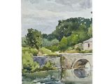 watercolor painting of a bridge over a river with trees in the background