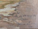 a picture of a painting of a beach with a wave coming in