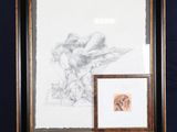 an image of a drawing of a man on a easel in front of a blue background