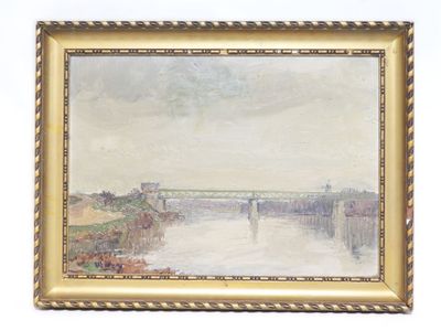 École du XXe siècle. Paysage au pont. - Photo 1