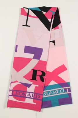 the scarf is pink, blue, and purple with letters on it