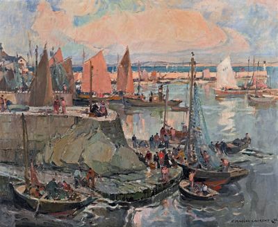 peinture représentant une scène de port avec des bateaux et des personnes dans l'eau