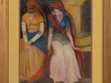an oil painting of two women standing next to each other