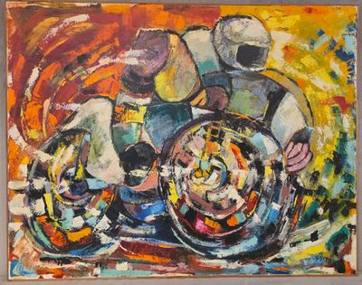 peinture abstraite représentant une moto avec un homme à l'avant